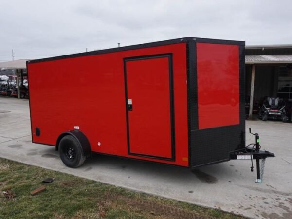 7×14 Enclosed Trailer Red V-Nose Blackout Package 3,500lb Axle Storage