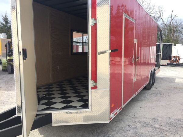 8.5′ x 28′ Victory Red Porch Style Enclosed Trailer Storage - Image 2